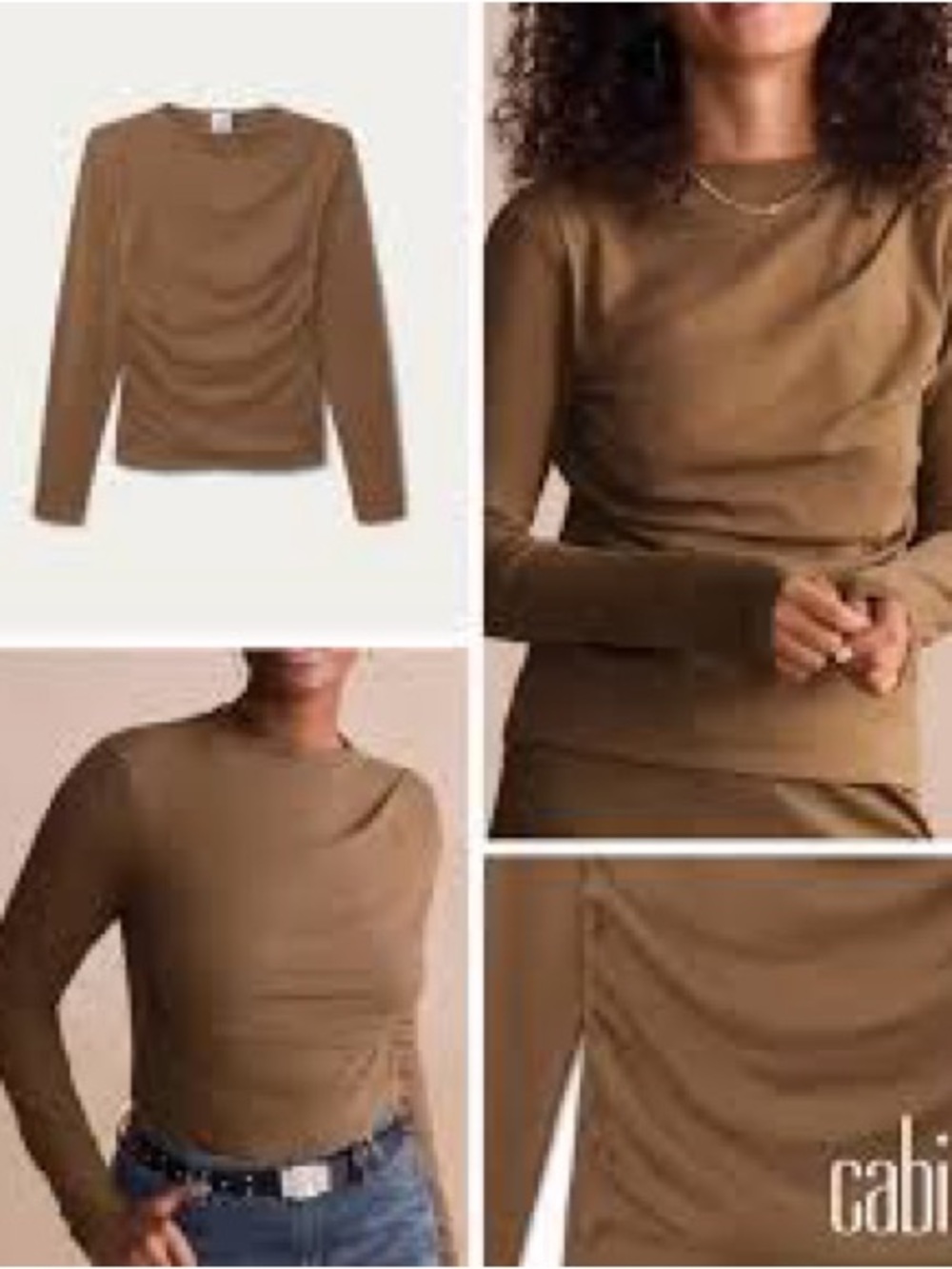 Cabi Uptown Tee Long Sleeve Crewneck Top in Camel